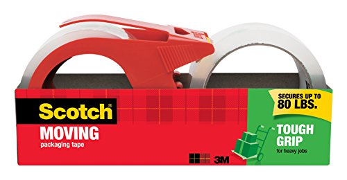 Book Cover Scotch Tough Grip Moving Packaging Tape, 1.88 in. x 54.6 yd., 1 Dispenser and 1 Refill Roll/Pack