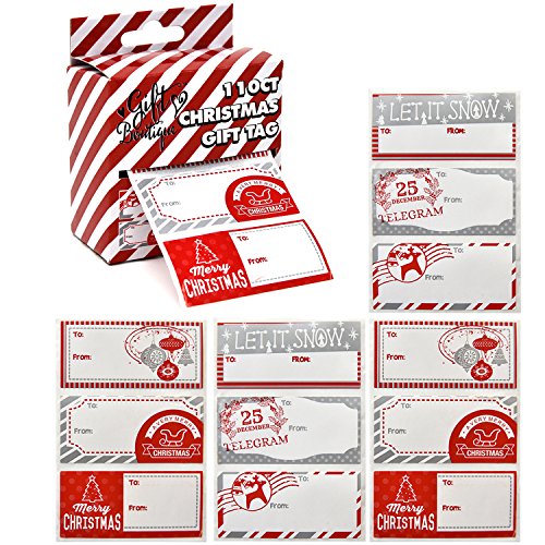 Book Cover Gift Boutique Christmas Gift Tags Sticker Roll Box 110 Count Elegant Red & Silver Designs Personalized Holiday Self-Adhesive Name Labels Write On then Peel & Stick For Wrapping Packages & Presents