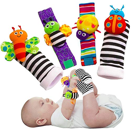 Book Cover Blige SMTF Cute Animal Soft Baby Socks Toys Wrist Rattles and Foot Finders for Fun Butterflies and Lady bugs Set 4 pcs