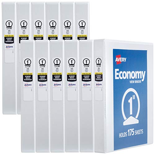 Avery Economy View 3 Ring Binders, 1" Round Rings, 12 White Binders (05711) 1.0" 12 Pack Binder