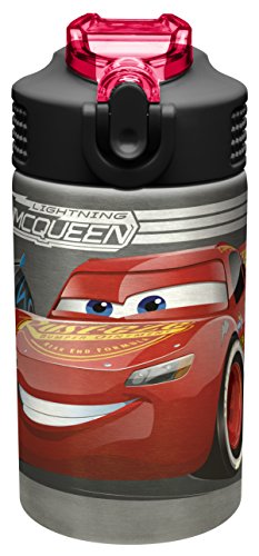 Zak Designs Disney Cars 3 - Stainless Steel Water Bottle with One Hand Operation Action Lid and Built-in Carrying Loop, Kids Water Bottle with Straw Spout is Perfect for Kids (15.5 oz, 18/8, BPA-Free)