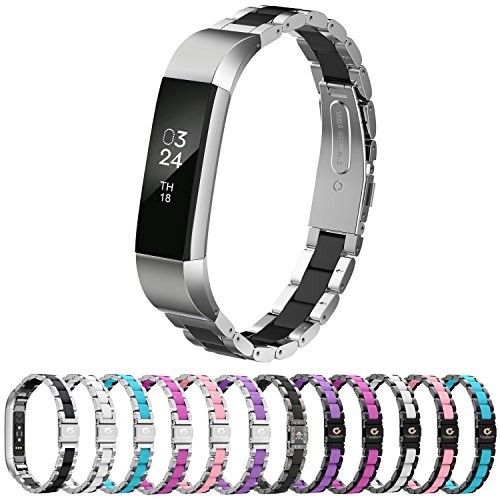 Greeninsync Compatible with Fit Bit Alta Bands Metal, Replacement for Fit Bit Alta HR Stainless Steel Bands Adjustable Accessory Wristband Small Large W/Silicone Cover for Alta Bracelet Girls-Black