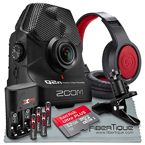 Zoom Q2n Handy Video Recorder Deluxe Bundle with Stereo Headphones + Clip Clamp + 32 GB SD + AA Batteries w/ Charger + FiberTique Cleaning Cloth