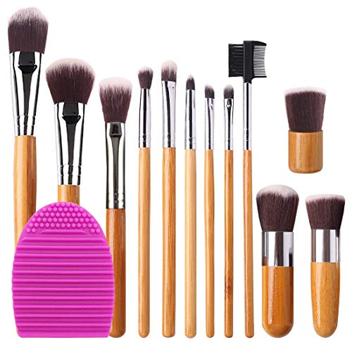 BEAKEY Makeup Brush Set Bamboo Handle Premium Synthetic Kabuki Foundation Blending Blush Eyeshadow Concealer Powder Brush with 1 Brush Egg & 1 Secret Gift (12+2 Pcs)