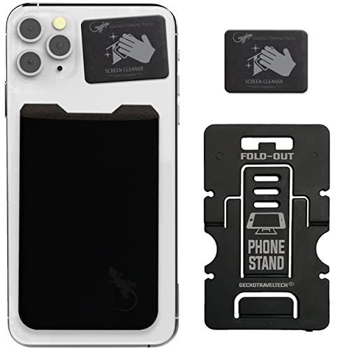 Gecko Travel Tech Phone Wallet - Stick On Card Holder Wallet for Cell Phones - Adhesive Card Pocket for Credit Cards and Money - Sticker for Cases - Phone Stand - BLACK BLACK