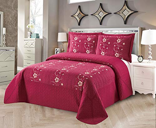 Book Cover Golden Linens Over Size 3 Pieces Solid Color Embroidery Floral Design Quilt Bedspread Coverlet Set with Two Pillow Shams (Burgundy, Queen)