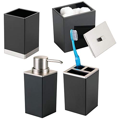 Book Cover mDesign Plastic Bathroom Vanity Countertop Accessory Set - Includes Soap Dispenser Pump, Divided Toothbrush Holder, Tumbler Rinsing Cup, Storage Canister - 4 Pieces - Black/Brushed
