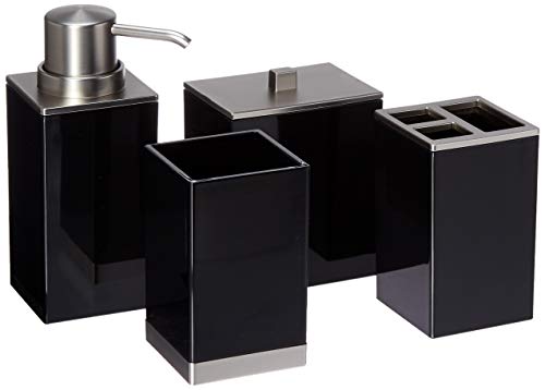 mDesign Plastic Bathroom Vanity Countertop Accessory Set - Includes Soap Dispenser Pump, Divided Toothbrush Holder, Tumbler Rinsing Cup, Storage Canister - 4 Pieces - Black/Brushed