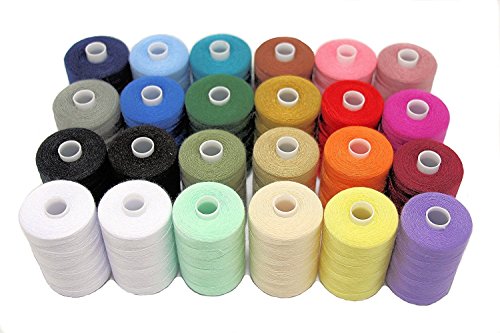 Book Cover SEWING AID All Purpose Polyester Thread for Hand & Sewing Machines, 24 Spools in Assorted Colors, 1000 yd Each, Double of Black & White Threads