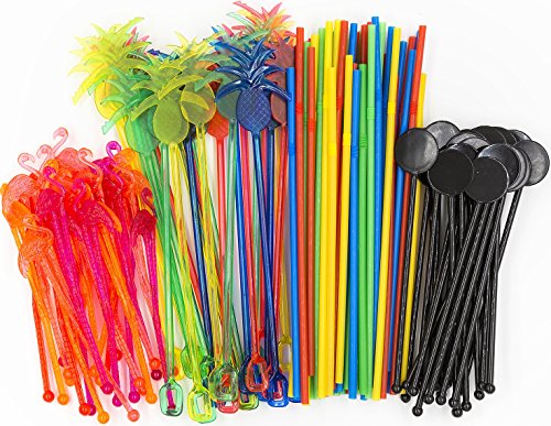 Bar Caddy Supplies (120 Pack) â€“ Assorted Swizzle Sticks / Drink Stirrers (24 of Each Design) â€“ Disposable Flexible Drinking Straws in 2 Sizes â€“ Small Bar Party Supply Refill Pack for Bar Organizer