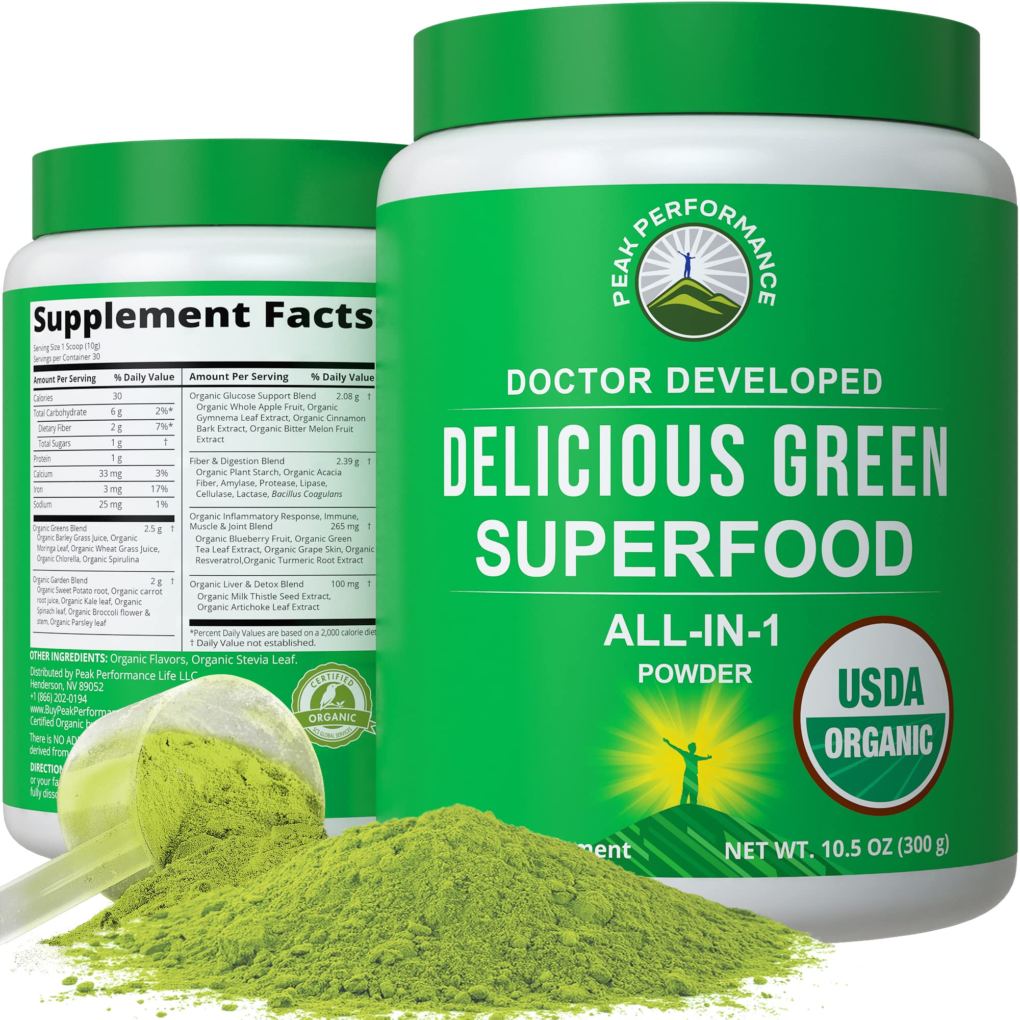 Book Cover Peak Performance Organic Greens Superfood Powder. Best Tasting Super Greens Powder with 25+ Organic Ingredients for Max Energy and Athletic Performance. Vegan Keto Green Juice Daily Drink Original Greens