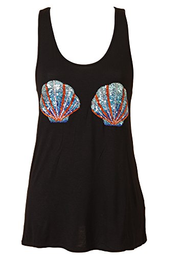 Sidecca Women's Knit Sequins Seashell Bra Mermaid Racerback Tank (Small, Black)