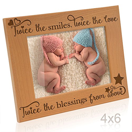 Kate Posh Twice the Smiles, Twice the Love, Twice the Blessings from above - Engraved Natural Wood Picture Frame - Twins photo frame, Twins gifts for babies, Twins gifts for mom (4x6-Horizontal)