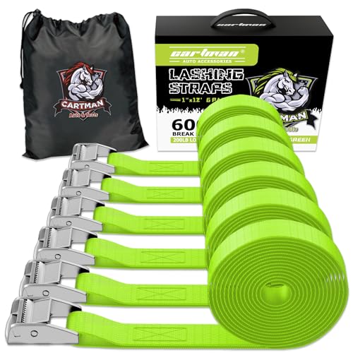 Cartman 1" x 12'Lashing Straps Cargo Tie-Down Strap Up to 600lbs, 6pk in Carry Bag, Green