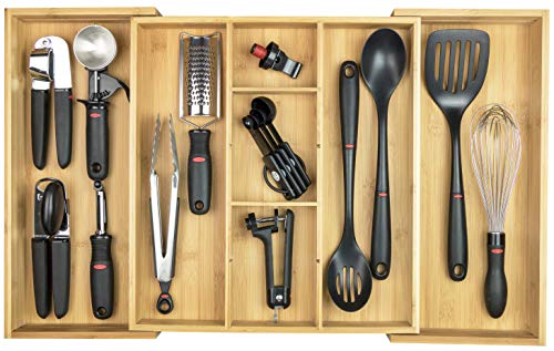 Book Cover KitchenEdge Adjustable Kitchen Drawer Organizer for Utensils and Junk, Expandable to 28 Inches Wide, 9 Compartments, 100% Bamboo