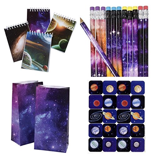 3 Dozen (36) GALAXY - OUTER Space PARTY FAVORS - 12 ea - PENCILS - Mini NOTEBOOKS & Goody BAGS - Plus - Bonus Sheet of 20 PLANET Stickers - Science - PLANET SOLAR SYSTEM Classroom TEACHER Rewards