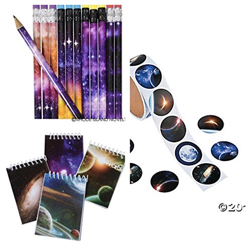 Just4fun (48) Galaxy Party Favors- 24 Mini Spiral NOTEBOOKS & 24 Pencils Plus 48 Outer Space Stickers - Party Favors - Science - Planets - Solar System Classroom Teacher Rewards