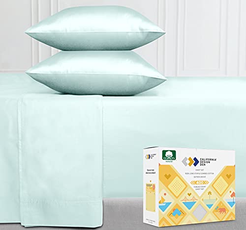 Book Cover 400 Thread Count 100% Cotton Sheet Set, Sea Foam Twin XL Sheets 3 Piece Set, Long-Staple Combed Pure Natural Cotton Bedsheets, Soft & Silky Sateen Weave by California Design Den