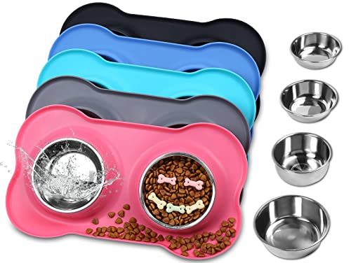 VIVAGLORY Dog Bowls Stainless Steel Water and Food Puppy Cat Bowls with Non Spill Skid Resistant Silicone Mat, Small, Pink