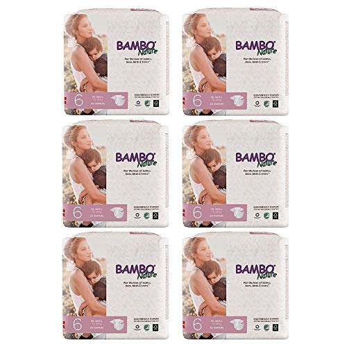 Bambo Nature Eco Friendly Premium Baby Diapers for Sensitive Skin, Size 6 (35-66 lbs), 132 Count (6 Packs of 22)