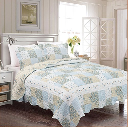 Fancy Collection 3pc Bedspread Bed Cover Floral Off White Blue Beige Reversible New # Mdison (Full/Queen)