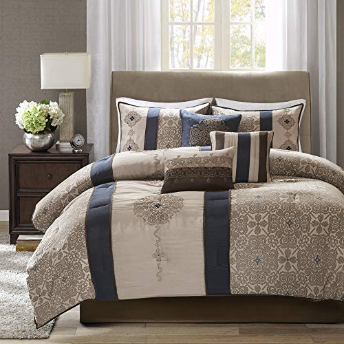 Book Cover Madison Park Comforter Faux Silk-Traditional Luxurious Jacquard Design All Season Set, Matching Bed Skirt, Decorative Pillows, King(104