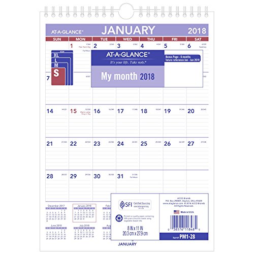 AT-A-GLANCE PM128-18 Monthly Wall Calendar, January 2018 - December 2018, 8" x 11", Wirebound, Mini Size (PM128)
