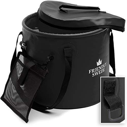 The Friendly Swede Collapsible Bucket with LidÂ -Â Folding Water Bucket for Camping, Travel and Gardening,Â Portable Water Container PailÂ with aÂ Handy Tool Mesh PocketÂ 