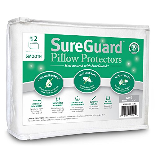 Book Cover Set of 2 Smooth SureGuard Pillow Protectors - 100% Waterproof, Bed Bug Proof, Hypoallergenic - Premium Zippered Cotton Covers - 10 Year Warranty - King Size