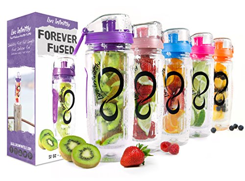 Live Infinitely 32 oz. Infuser Water Bottles - Featuring a Full Length Infusion Rod, Flip Top Lid, Dual Hand Grips & Recipe Ebook Gift (Purple, 32 oz)