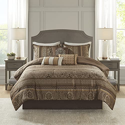Book Cover Madison Park Cozy Comforter Set - Luxurious Jaquard Traditional Damask Design, All Season Down Alternative Bedding with Matching Shams, Decorative Pillow Bellagio Brown/Gold King(104