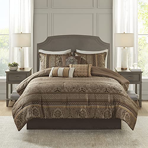 Madison Park Cozy Comforter Set - Luxurious Jaquard Traditional Damask Design, All Season Down Alternative Bedding with Matching Shams, Decorative Pillow Bellagio Brown/Gold King(104"x92") 7 Piece