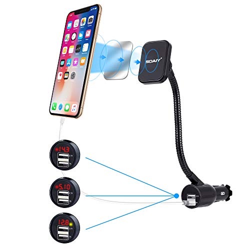 SOAIY 3-in-1 Cigarette Lighter Magnet Car Mount + Car Charger + Voltage Detector,Car Holder Cradle w/Dual USB 3.1A Charger,Display Voltage Current Compitable with iPhone8 X 6s 6 5s Samsung S8 S7 S6