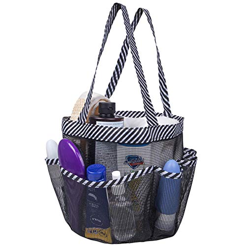 Attmu Mesh Shower Caddy, Quick Dry Tote Bag Oxford Hanging Toiletry and Bath Organizer with 8 Storage Compartments for Shampoo, Conditioner, Soap and Other Bathroom Accessories (Black Strip)