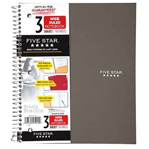 Book Cover Five Star Spiral Notebook, 3 Subject, Wide Ruled Paper, 150 Sheets, 10-1/2