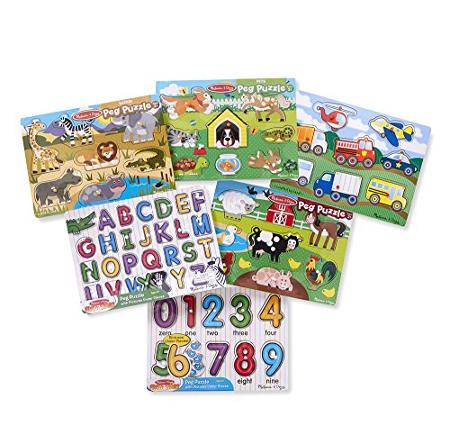 Book Cover Melissa & Doug Wooden Peg Puzzle 6 Pack Numbers, Letters, Animals, Vehicles