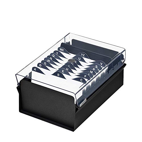 Acrimet 3 x 5 Card File Holder Organizer Metal Base Heavy Duty (AZ Index Cards and Divider Included) (Black Color with Clear Crystal Plastic Lid Cover)