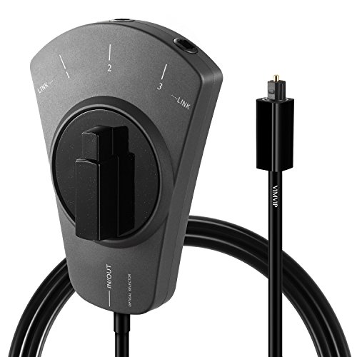 VIMVIP 3 Way in/Out Digital Toslink Optical Audio Splitter Manual Switch with 2.6ft Fiber Optic Cable-Black