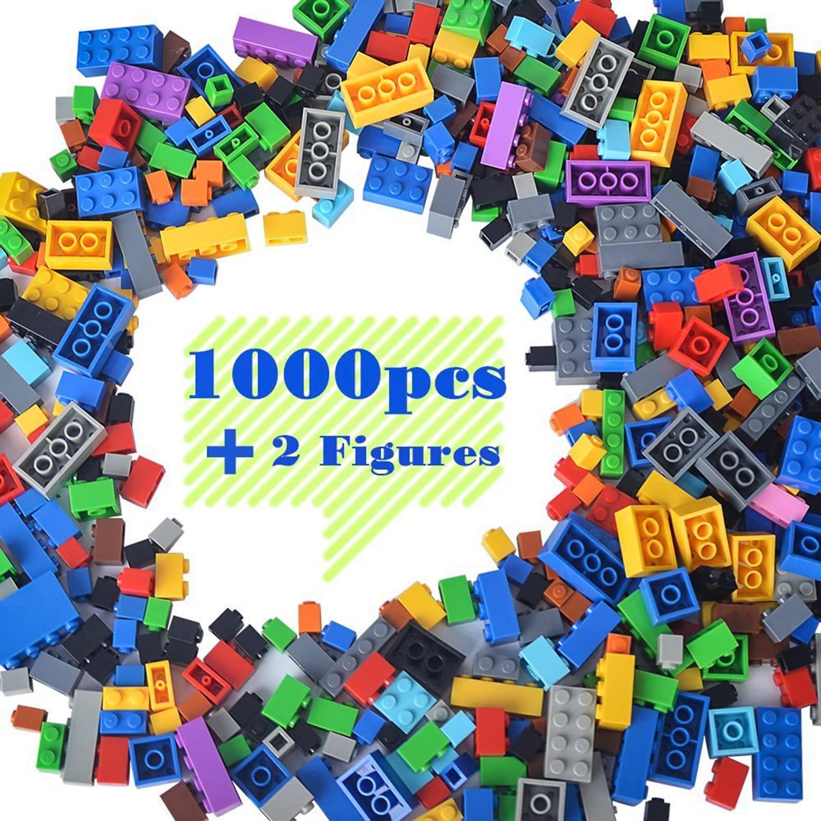 Book Cover Building Bricks Compatible with Lego - 1000 Pieces Bulk Building Blocks in Random Color - Mixed Shape - Includes 2 Figures