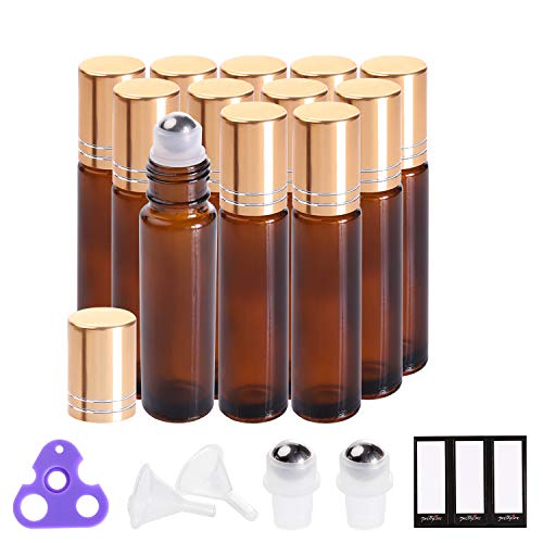 Essential Oil Roller Bottles 10ml (Amber Glass, 12pack, 2 Extra Roller Balls，24 Labels, Opener, 2 Funnels by PrettyCare) Roller Balls For Essential Oils, Roll on Bottles