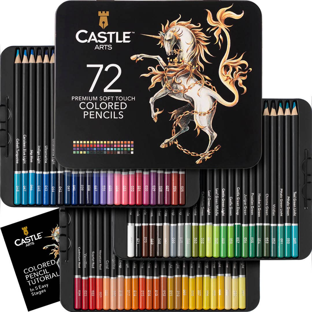 Book Cover Castle Art Supplies 72 Colored Pencils Set | Quality Soft Core Colored Leads for Adult Artists, Professionals and Colorists | Protected and Organized in Presentation Tin Box 72 Count (Pack of 1)