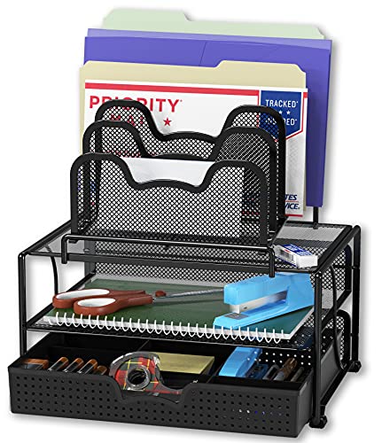 Book Cover SimpleHouseware Mesh Desk Organizer with Sliding Drawer, Double Tray and 5 Stacking Sorter Sections, Black