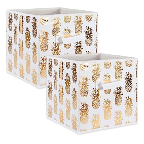 Book Cover DII Foldable Fabric Storage Containers (13x13x13) Pineapple Set of 2, Large (2), White/Gold 2 Count
