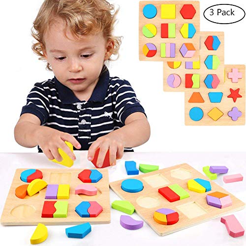 Lewo Wooden Geometric Chunky Shape Puzzles Sorting Game Early Development Educational Toys Pack of 3
