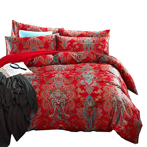 Book Cover AMWAN Bohemian Floral Red Duvet Cover Set King Luxury Jacquard Sateen Cotton Bedding Set Vintage Boho Wedding Comforter Cover Set Zipper Closure Cotton Bedding Collection King with 2 Pillowcases