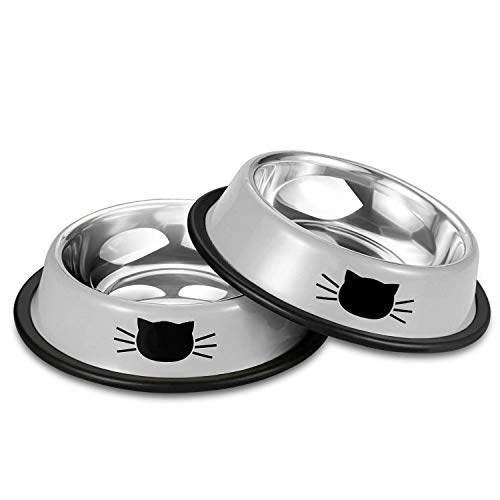 Book Cover Comsmart Stainless Steel Pet Cat Bowl Puppy Dish Bowl with Cute Cats Painted Non-Skid for Small Dogs Cats (2 Pack) (Grey/Grey)