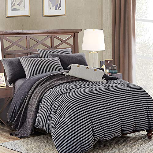 Book Cover PURE ERA Duvet Cover Set Cotton Jersey Knit Ultra Soft Comfy Striped 3 PCs Home Bedding Sets (1 Duvet Cover+ 2 Pillow Shams, Comforter Not Included) Charcoal Black Grey King