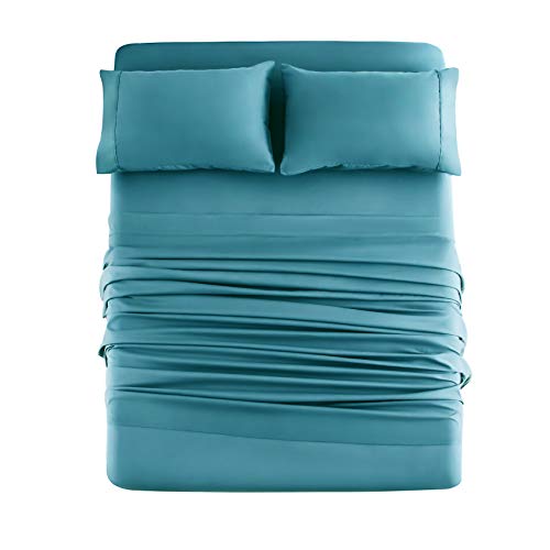 Book Cover Mohap Bed Sheet Set 4 Piece Bedding Double Brushed Microfiber Soft Bedding Easy Care Queen Teal