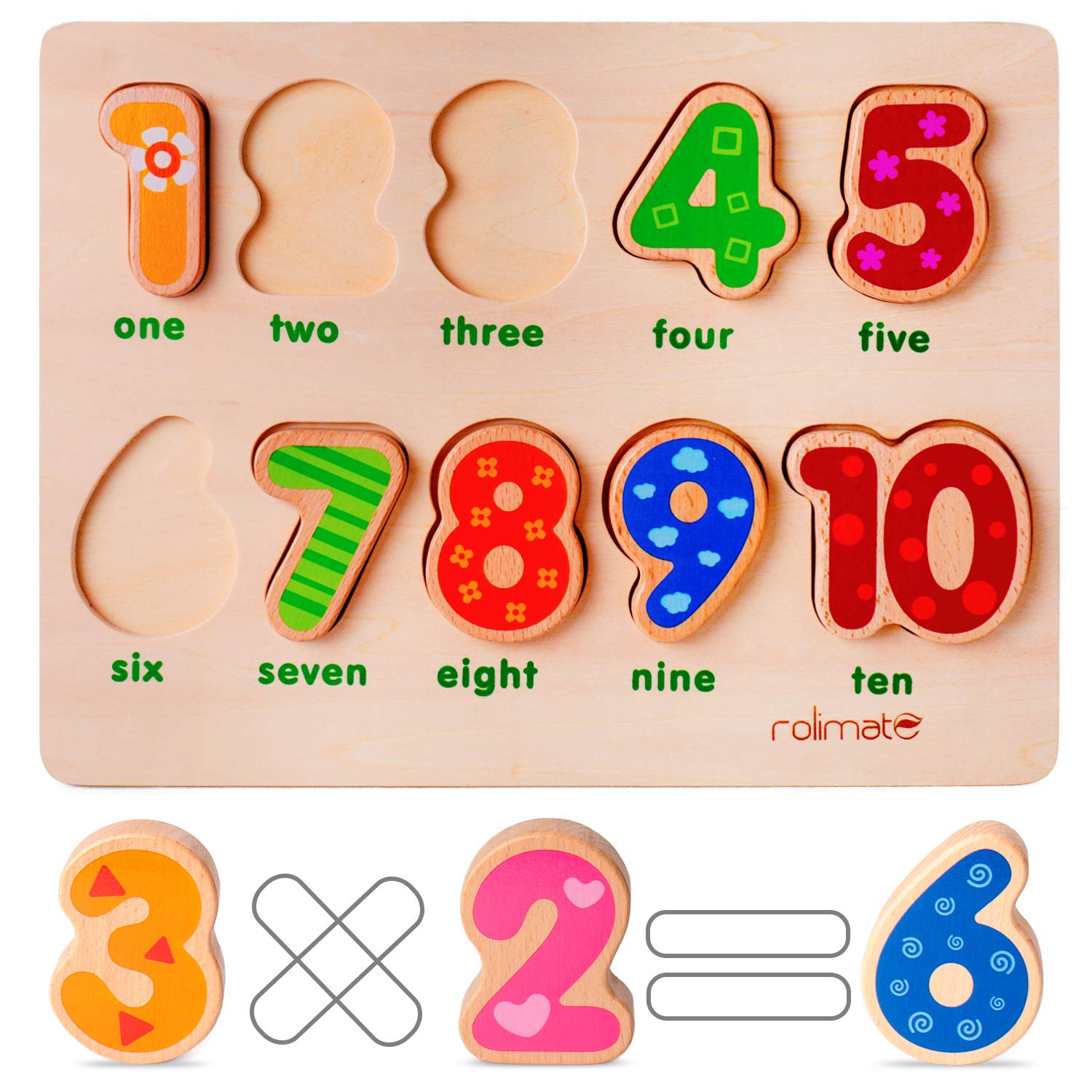 Book Cover Learning Games Jigsaw Puzzle Best Christmas Gift for 1 2 3 Yeas Old Boy Girl Toddler Toy, Wooden Learning Toy with 10 Geometric Blocks Preschool Sorting & Stacking Toys Parent-Child Interaction Toys
