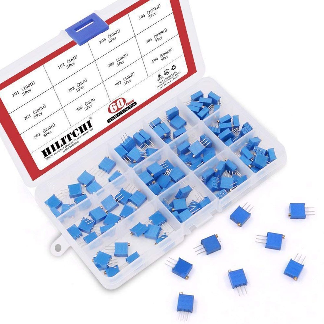 Hilitchi 60-Pcs 100 to 500K ohm 3296W Multiturn Trimmer Potentiometer Assortment Kit - [12 Value]